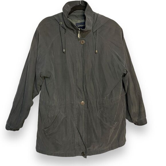 London Fog Hooded Coat Jacket Women's Large Petite Gray Blue Retro Grunge Casual - Picture 1 of 10